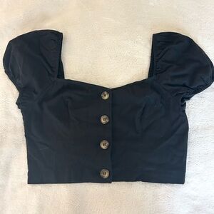 Black Puff Sleeve Button-Up Top